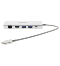A compact black power brick with a USB-C port, usually shown with four interchangeable regional wall plugs (US, EU, UK, AU).