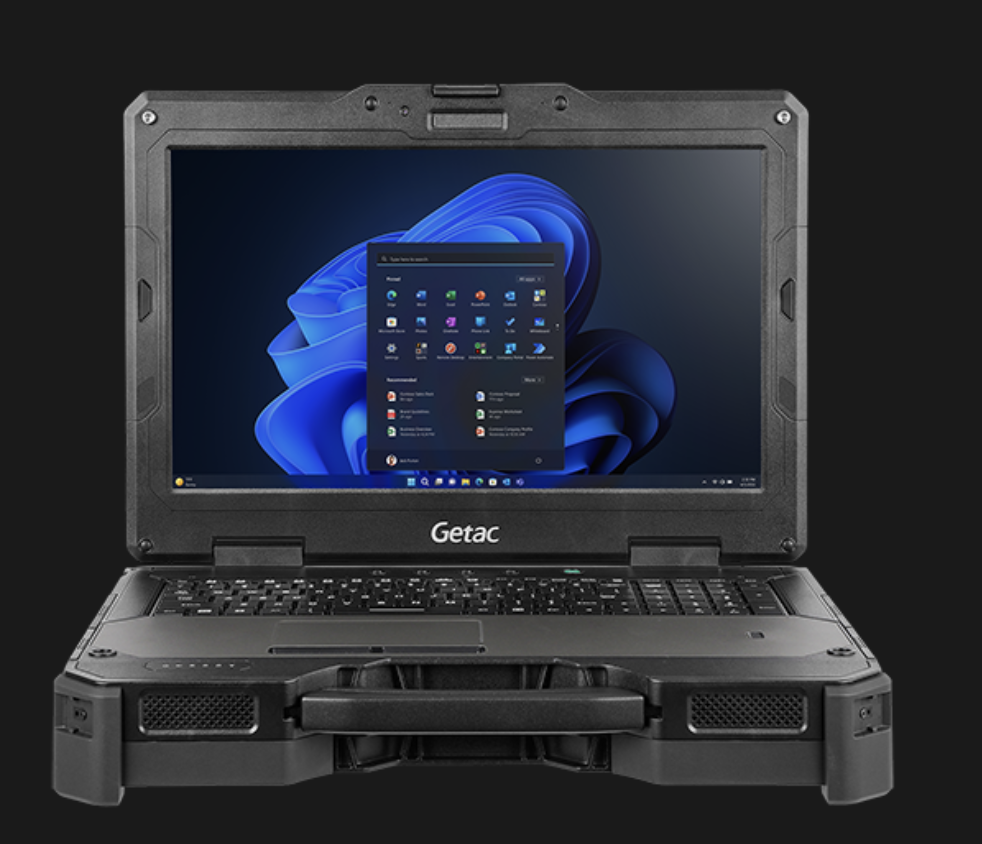 Front view of the Getac X600 Fully Rugged 15.6-inch Windows laptop, open and displaying the Windows 11 start menu on screen. The laptop has a robust, black design with reinforced corners, built-in handle, and a durable keyboard suitable for extreme environments.