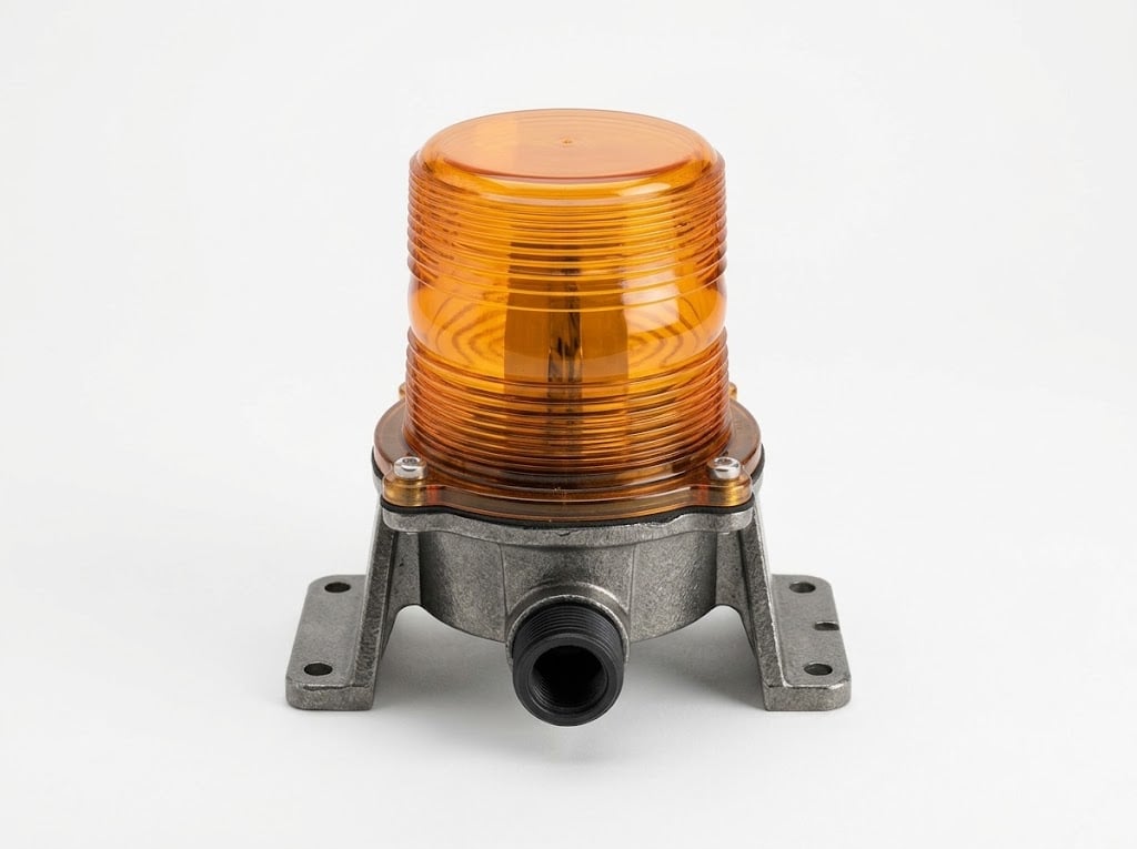 An explosion-proof LED warning light featuring an amber ribbed dome mounted on a heavy-duty metallic base, isolated on a white background.