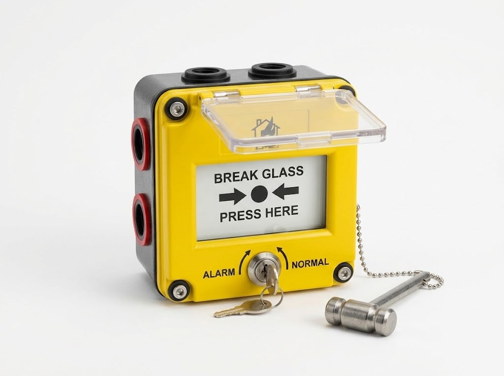 An industrial yellow and black break-glass call point with an open protective cover, "BREAK GLASS PRESS HERE" sign, inserted key, and a small metal hammer on a chain resting beside it, isolated on a white background.