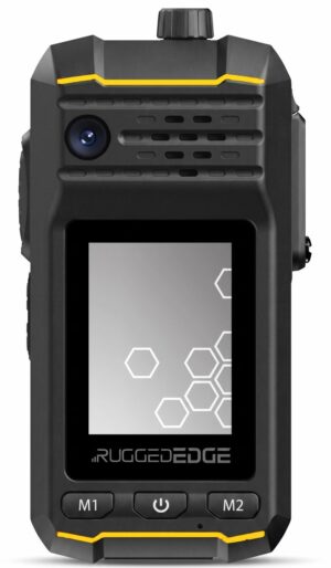 Front view of the black and yellow RuggedEdge EdgeTwo device isolated on a clean white background.