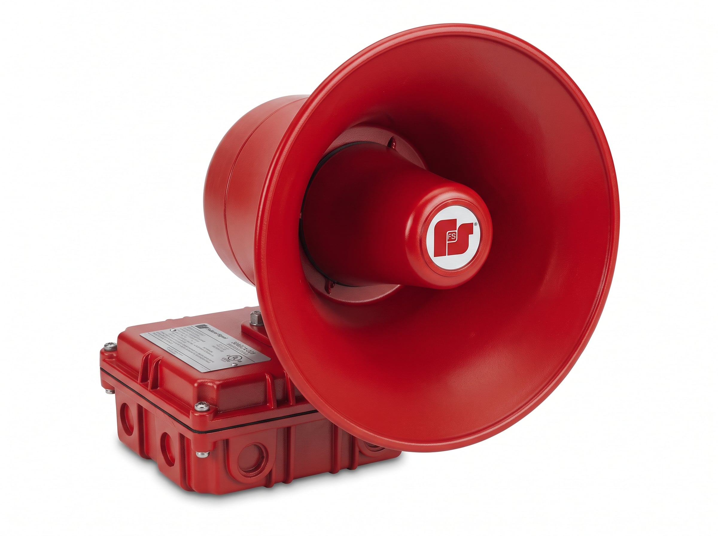 A red Federal Signal 304GCX-024-CN-R SelecTone 15W amplified speaker on a white background, featuring a round flared horn with a white "FS" logo on its red central cone, mounted to a rugged, rectangular red metal enclosure with a specification plate