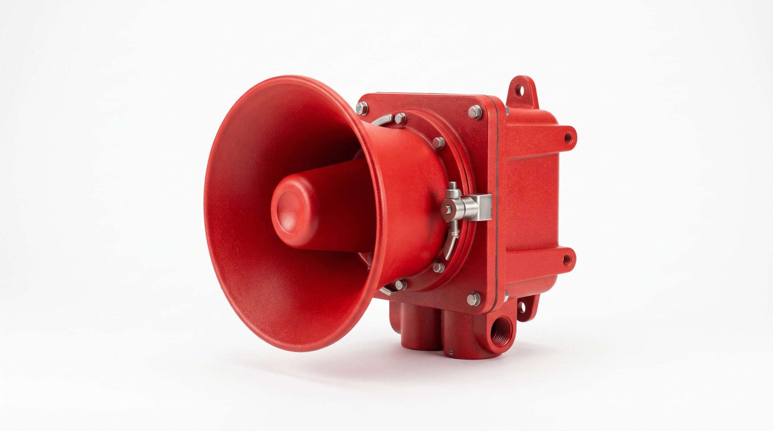 A heavy-duty red industrial horn speaker featuring a wide flared opening attached to a square metal junction box back housing with mounting lugs and threaded conduit entries, isolated on a white background.