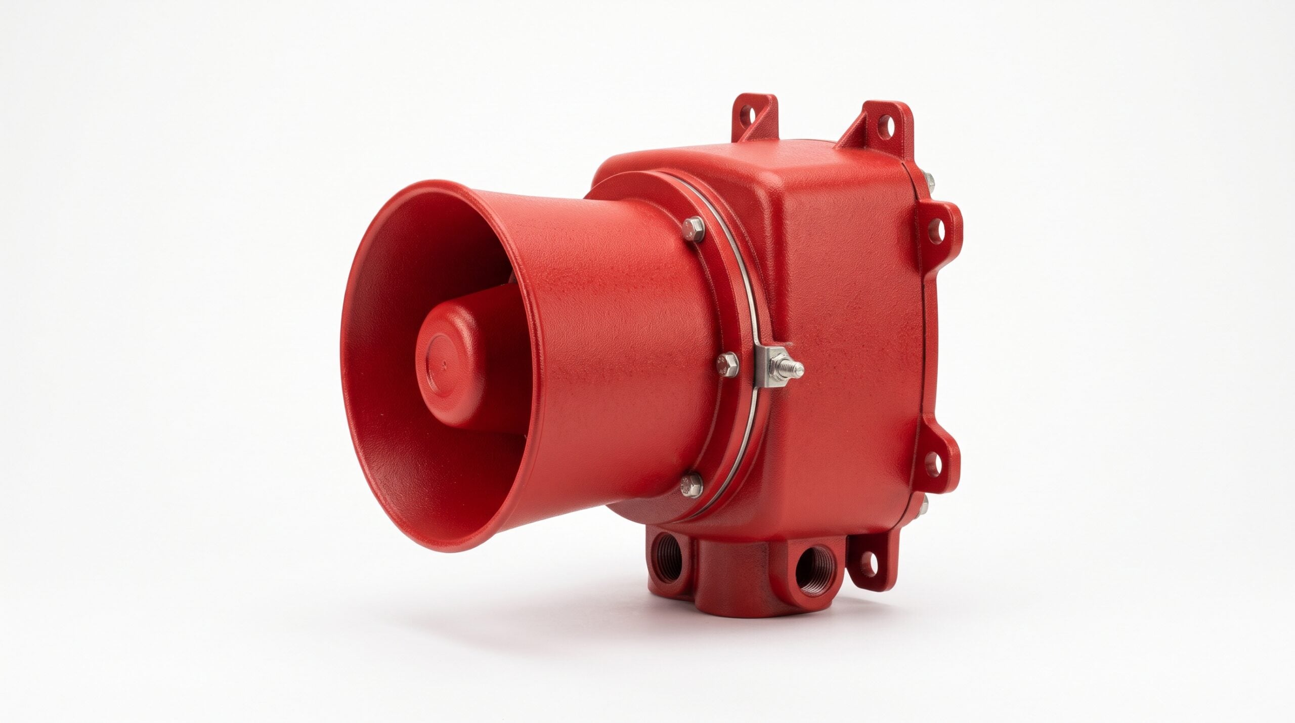 A bright red industrial horn speaker attached to a square, heavy-duty junction box housing with mounting tabs and conduit openings, set against a plain white background.