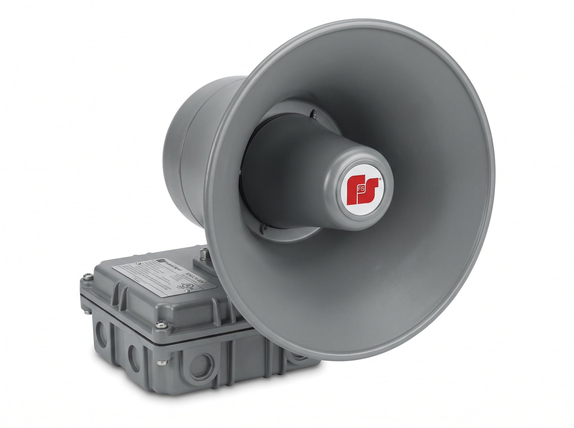 ray Federal Signal 304GCX-024 SelecTone 15W amplified speaker on a white background, featuring a round flared horn with a red "FS" logo on its central cone, mounted to a rugged, rectangular metal enclosure with a specification plate