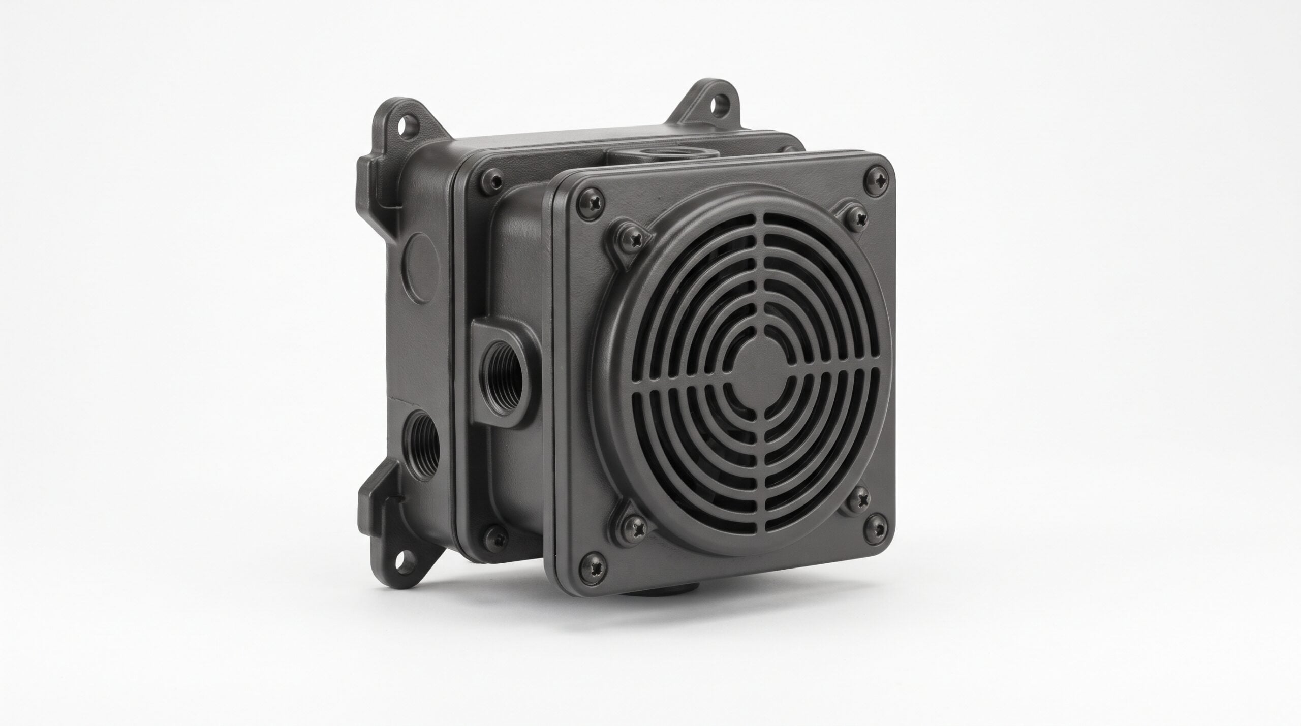A heavy-duty, square dark gray industrial alarm horn with a circular concentric speaker grille on the front, set against a seamless white background.