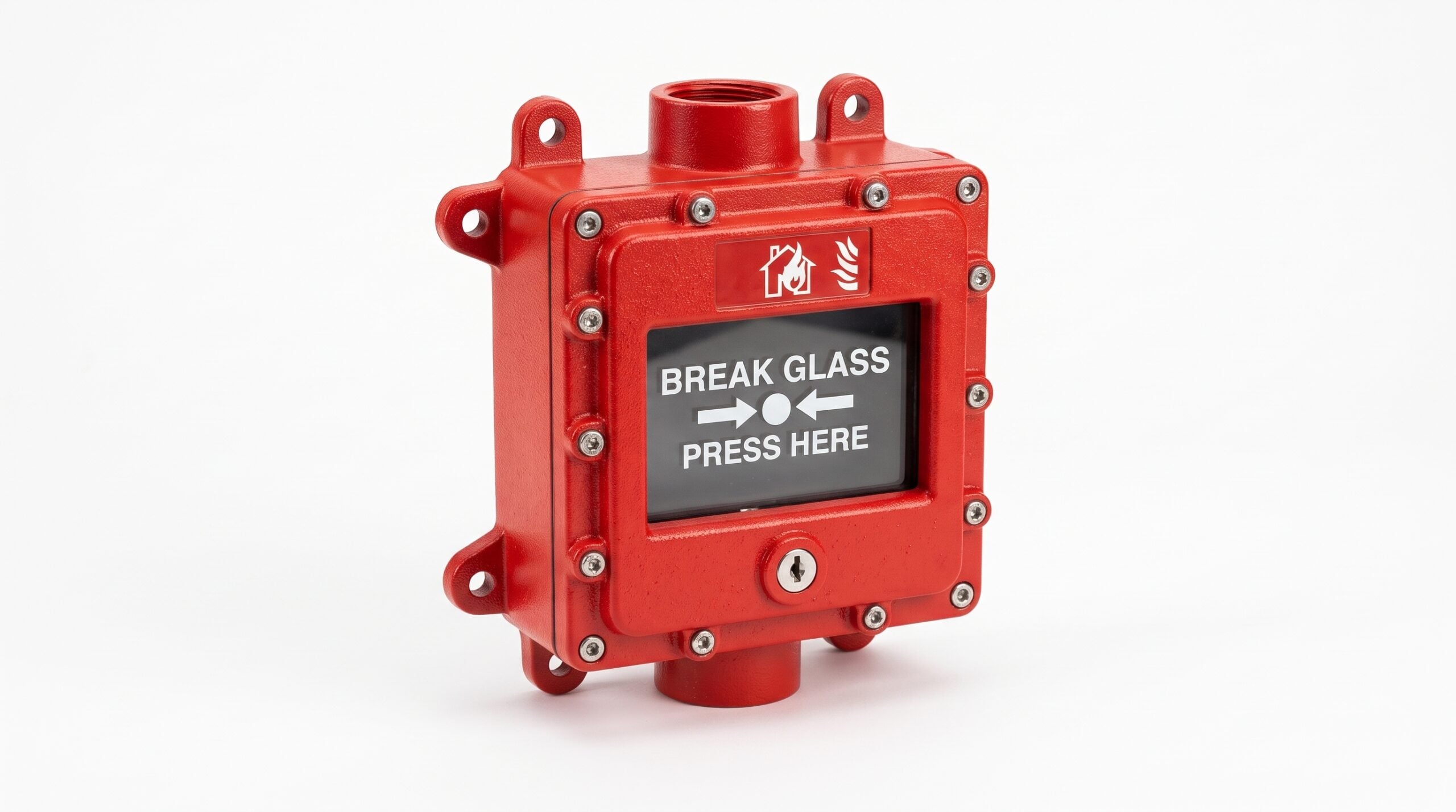 A heavy-duty red industrial fire alarm manual call point featuring a glass front reading "BREAK GLASS PRESS HERE" with fire icons, set in a rugged metal enclosure with mounting ears and threaded conduit openings on a white background