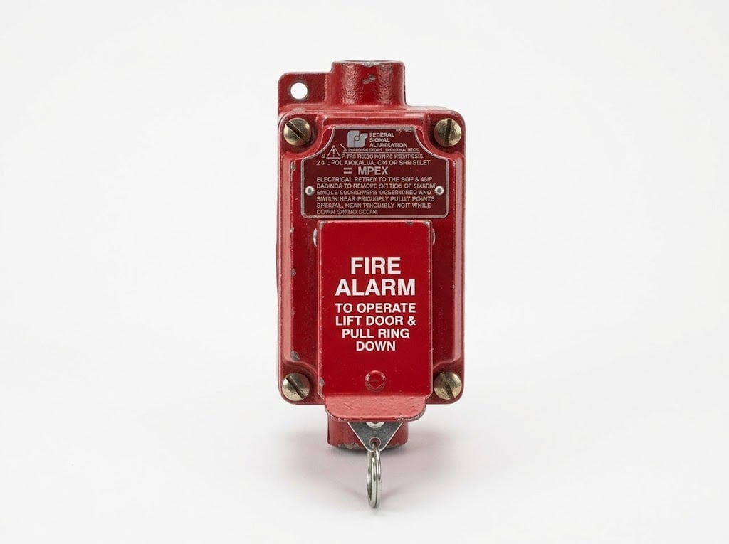 MPEX explosion-proof fire alarm pull station in a heavy-duty red metal enclosure with operating instructions and a bottom pull ring