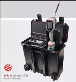 An SF6 LeakCheck portable gas leak detection system featuring a handheld probe mounted upright inside an open, heavy-duty black rolling case, displayed against a seamless solid white studio background