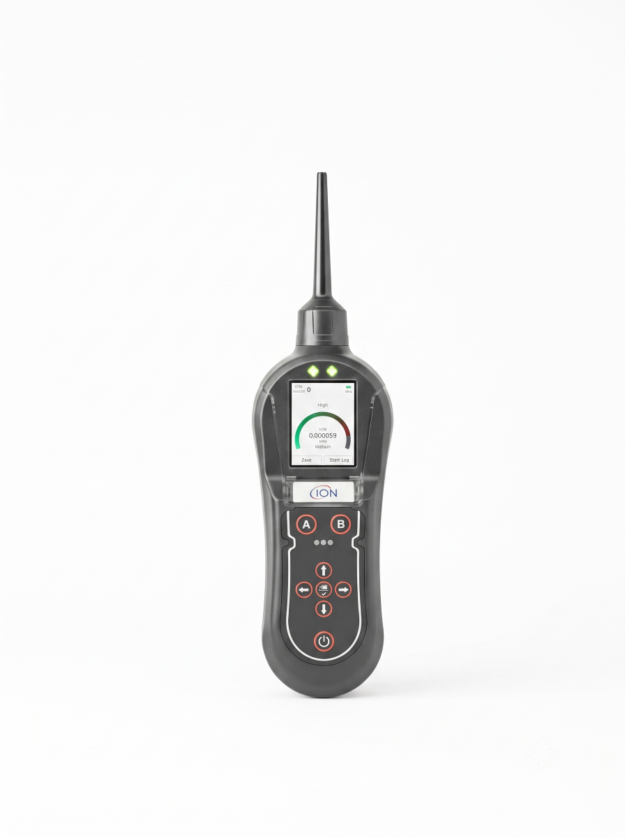 A dark gray ION handheld leak detector centered vertically on a seamless white background. The device features a slender top probe, two green indicator lights, a central color digital screen displaying helium gas measurement readings, and a lower keypad with labeled navigation and power buttons.