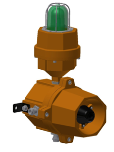 3D rendering of the LELAS ATEX IIC Red Flash 5J, a hazardous area beacon and alarm device. The unit features an orange explosion-proof enclosure with a black horn speaker and a green dome light on top, designed for use in explosive atmospheres.