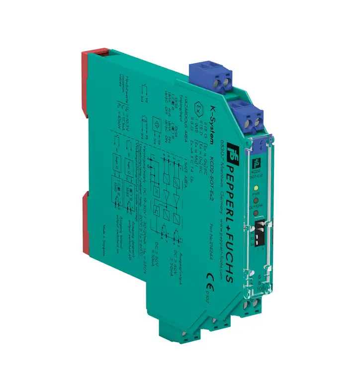 Pepperl+Fuchs KCD2-SOT-Ex2 Switch Amplifier from the K-System series. The slim, DIN rail-mounted green module features labeled connection terminals, circuit diagrams, and indicator LEDs on the front panel. Designed for hazardous areas, it provides galvanic isolation for signal transmission between field devices and control systems.