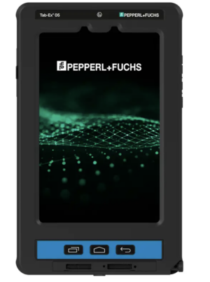 Front view of the Ecom Tab-Ex® 05 DZ1 tablet by Pepperl+Fuchs, designed for use in ATEX Zone 1 hazardous areas, displaying the company logo and interface on screen.