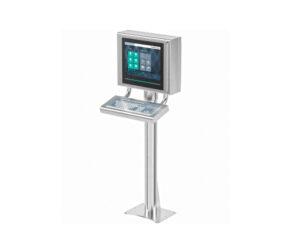 Pepperl+Fuchs VisuNet GXP 19-inch Industrial Panel PC for Zone 1/21 hazardous areas, featuring a stainless steel housing and glove-friendly touchscreen.