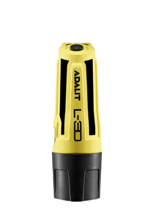 Adalit L-30 Intrinsically Safe Helmet Flashlight – ATEX Zone 0, dual-beam LED light with red beacon and optional photoluminescent bezel for hands-free use in explosive environments