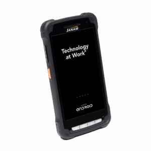 Rugged handheld Janam XT4-style mobile computer with Android interface, surrounded by heavy‑duty black rubberized bumpers, featuring three physical navigation buttons below the 6‑inch touchscreen and an orange scan trigger on the side.