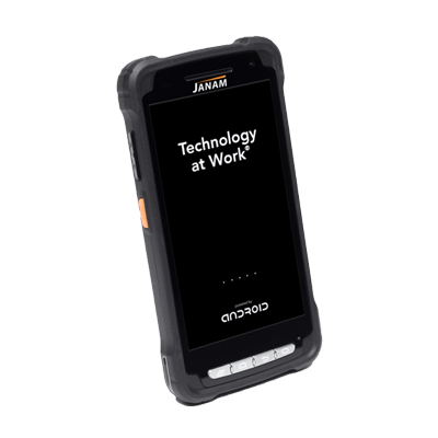 Rugged handheld Janam XT4-style mobile computer with Android interface, surrounded by heavy‑duty black rubberized bumpers, featuring three physical navigation buttons below the 6‑inch touchscreen and an orange scan trigger on the side.