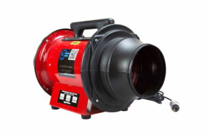 Explosion‑proof inline axial blower (1/3 HP) with 100 ft explosion‑proof cord and 15 ft conductive duct – Class I Division 1 certified ventilation fan.
