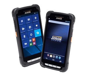 Janam XT2 rugged handheld computer with Windows 10 IoT, dual cameras, 5-inch touchscreen, and IP67-rated housing for industrial field use