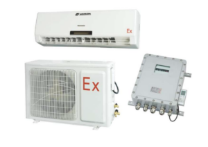 Explosion proof air conditioner system for hazardous areas, ATEX Zone 2 certified wall-mounted unit with outdoor condenser and explosion-proof control box, designed for oil and gas and industrial environments.