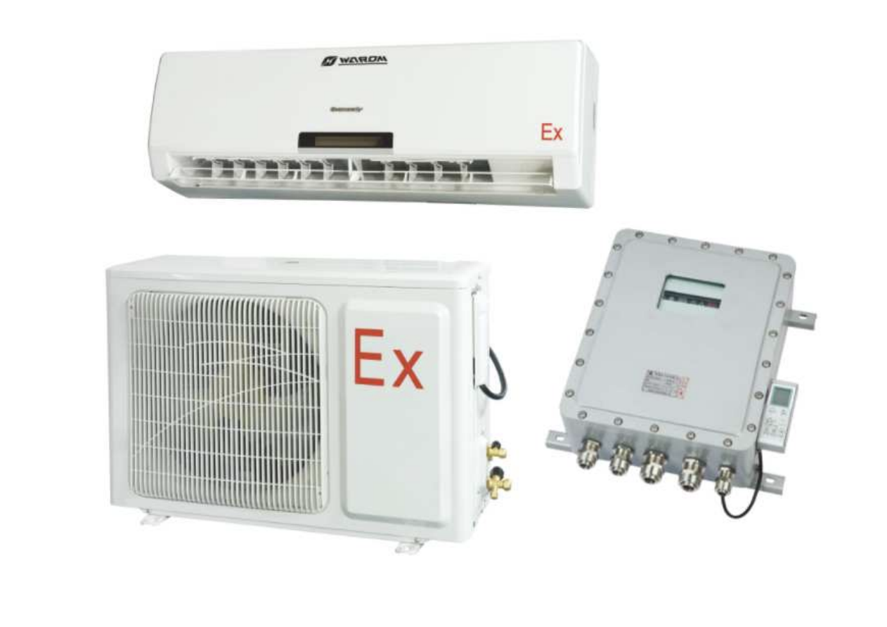 Explosion proof air conditioner system for hazardous areas, ATEX Zone 2 certified wall-mounted unit with outdoor condenser and explosion-proof control box, designed for oil and gas and industrial environments.