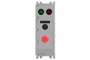Explosion-proof control station (EPCS) for Class I, Division 1 hazardous locations, featuring a 3-position Hand/Off/Auto selector switch, a red emergency stop mushroom button, and red and green pilot lights in a copper-free aluminum housing.