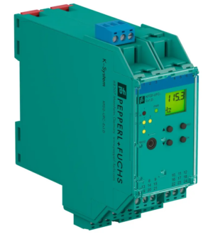 Pepperl+Fuchs KFD2-UFC-Ex1.D universal frequency converter with trip values, green and blue terminals, mounted on DIN rail.