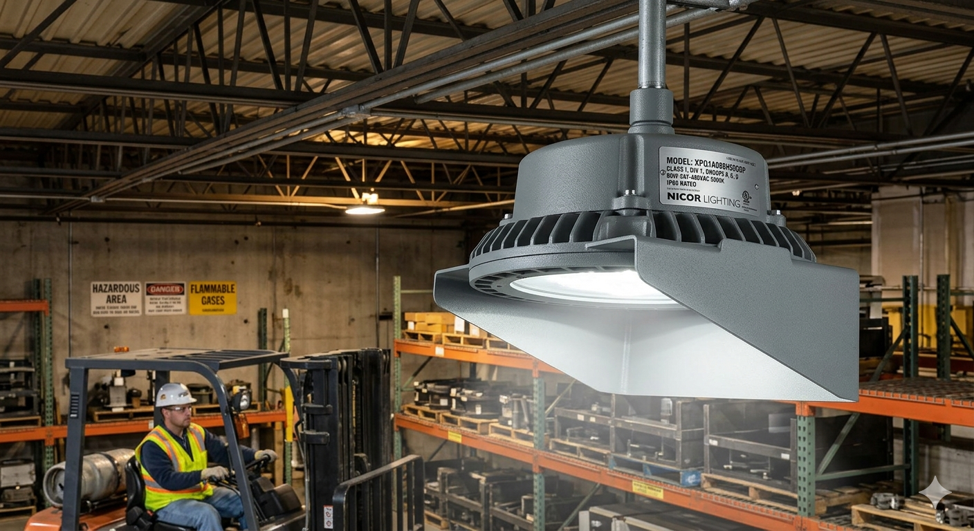 XPQ1VISOR light shield for NICOR XPQ Series Class I Division 1 LED luminaires. Industrial glare reduction visor for hazardous area lighting in oil and gas facilities.