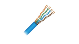 aige GameChanger 22 AWG blue Ethernet cable exiting a Reel-In-A-Box package, high-performance plenum-rated cable for extended distance.