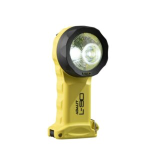 Adalit L-90 Right-Angle Intrinsically Safe Flashlight – ATEX Zone 0, compact LED torch with magnetic switch and belt clip for use in explosive environments