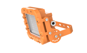 A rugged, industrial-grade ROKEE EP-02-G22 LED explosion-proof light fixture featuring a durable yellow aluminum housing and a heavy-duty adjustable mounting bracket. The light has a square face with a reinforced glass lens and visible cooling fins for heat dissipation.