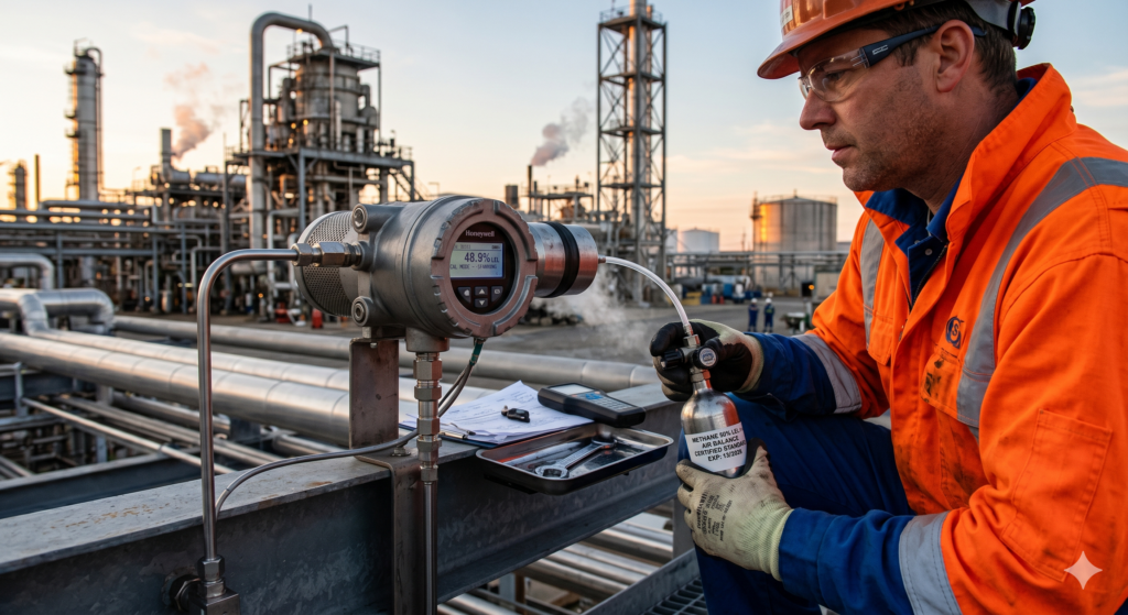 A professional instrument technician in high-visibility safety gear performing a span calibration on a fixed catalytic gas detector at an industrial refinery. The technician is using a certified calibration gas cylinder and regulator to verify the 50% LEL reading on the sensor's digital display, set against a backdrop of industrial piping and processing towers at dusk.
