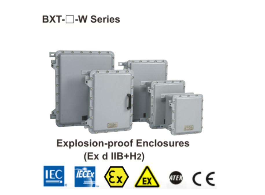 WAROM BXT-W Series explosion-proof enclosures of varying sizes arranged against a white background. The heavy-duty rectangular metal housings feature prominent external bolting flanges, side mounting feet, and a black handle on the front of one enclosure.