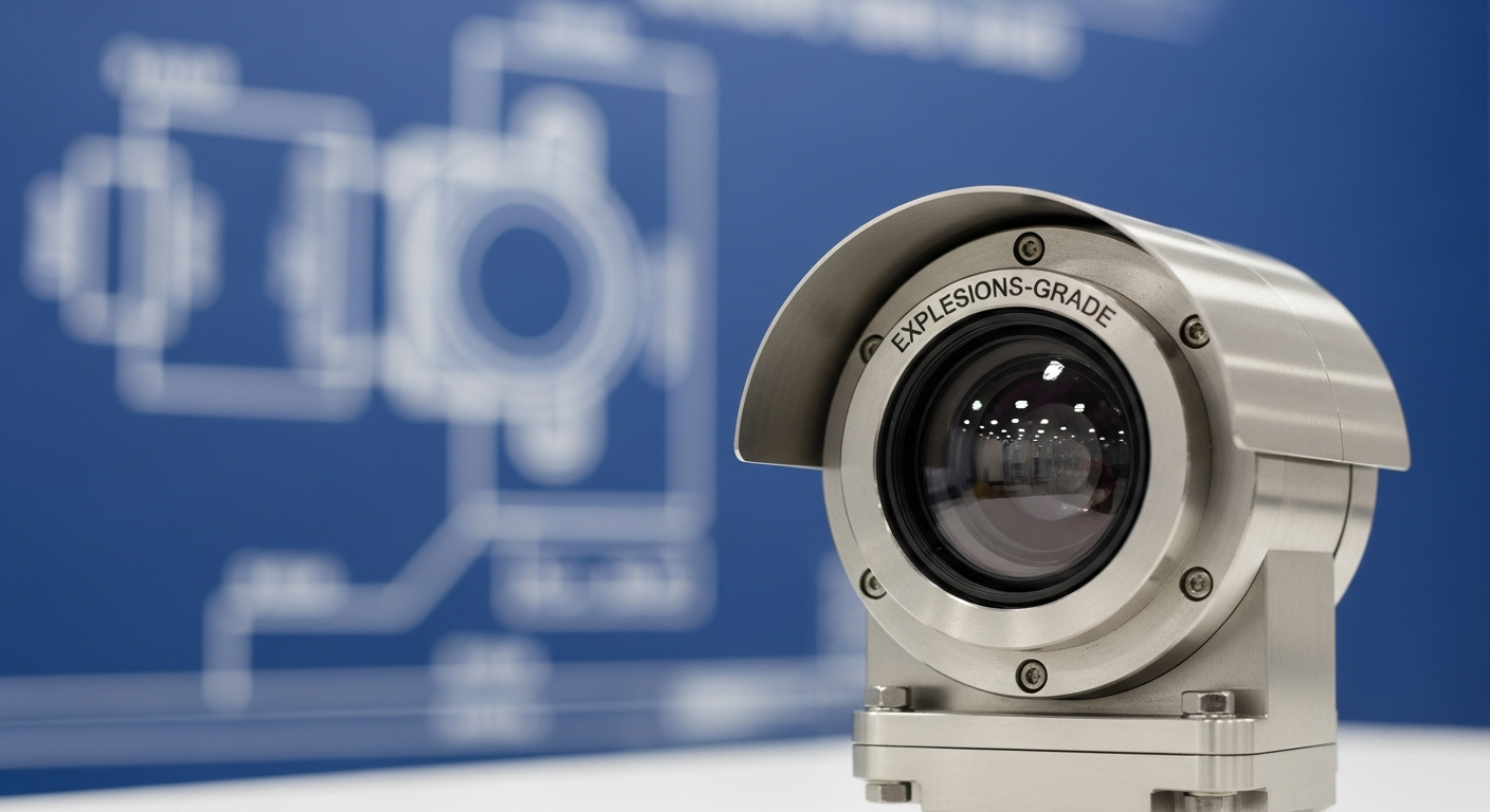 A detailed view of a certified explosion-proof camera highlighting its durable construction for oil rigs.