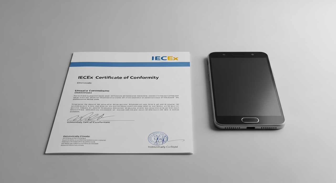 An analysis of the iecex vs atex certification cost shown with a certificate and a certified smartphone.