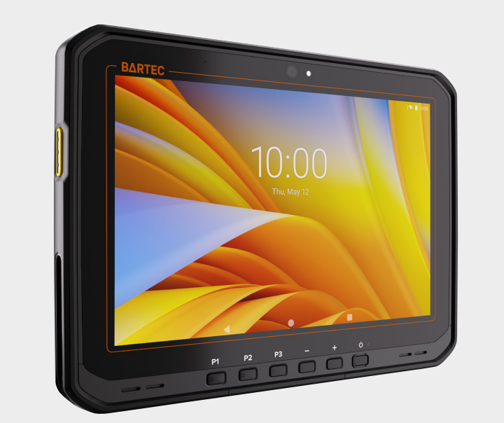 Front angled view of the BARTEC ET60/65EX2 ultra-rugged Android tablet showing its heavy-duty black casing, bright 10-inch screen, top front camera, and bottom physical navigation buttons (P1, P2, P3, volume, power)