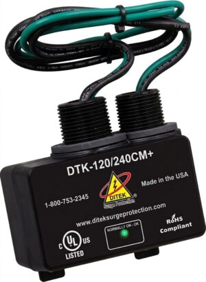 DITEK DTK-120/240CM+ HVAC Surge Protective Device with bundled green and black 12 AWG wiring leads, set against a solid white background