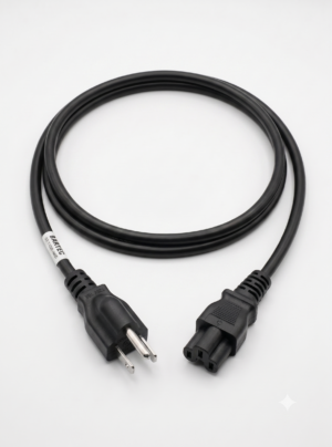 A black power cord with a 3-prong US plug on one end and a 3-slot C5 "cloverleaf" connector on the other, coiled into a single neat loop on a plain white background. A small white label with black text reading "BARTEC" is wrapped near the plug end
