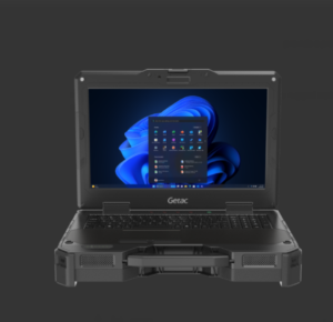 Front view of the Getac X600 Pro fully rugged mobile workstation laptop open, featuring a high-brightness 15.6-inch display, backlit keyboard, heavy-duty protective corner bumpers, and an integrated carrying handle.