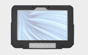 BARTEC Leather Carry Case fitted on a BARTEC ET60 ET65ex industrial tablet, featuring precise cutouts for the screen, front camera, and physical function buttons against a light gray background