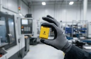 A person wearing an industrial glove holds a yellow Litum ATEX Dualis tracking tag inside a manufacturing facility with CNC machinery.
