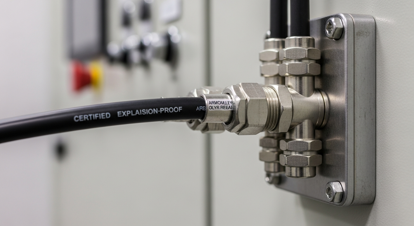 A certified explosion proof junction box with armored cable glands for a CCTV installation