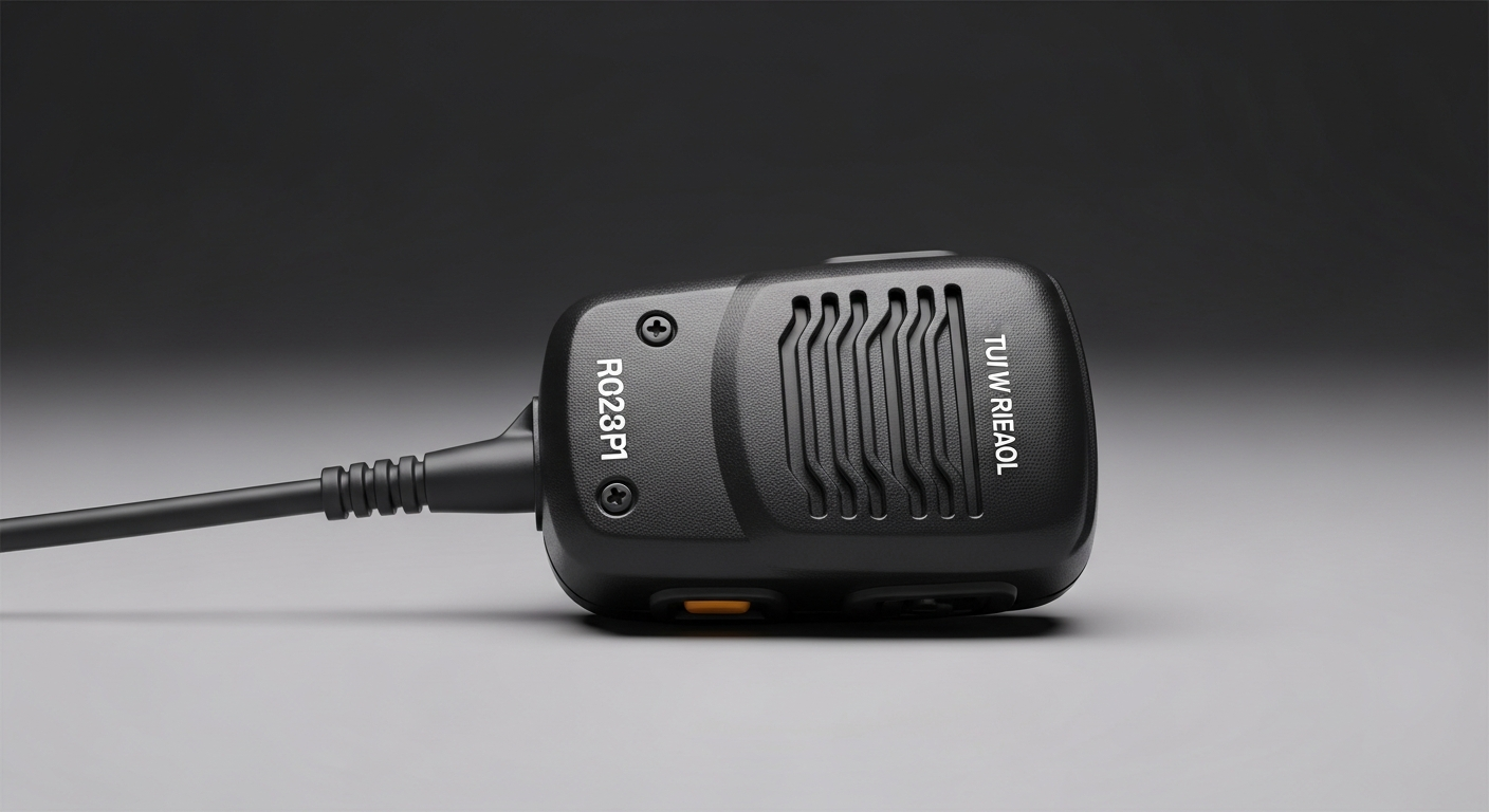 A remote speaker microphone accessory used with mission critical push to talk phones in an industrial setting.