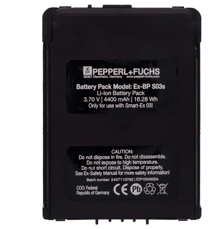 Black Pepperl+Fuchs Ex-BP S03s intrinsically safe 3.7V 4400 mAh Li-ion battery pack for the Smart-Ex 03 smartphone
