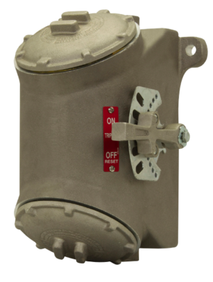Eaton Crouse-Hinds FLB explosionproof circuit breaker enclosure made of copper-free aluminum, featuring angled round threaded top and bottom covers, a side-mounted lockable operating handle with a position plate, and a red ON/TRIP/OFF RESET indicator label.