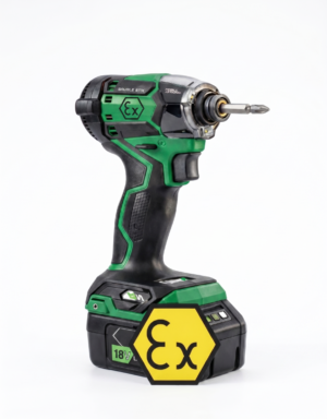 Atexxo Explosion Proof ATEX Zone 2 Cordless Impact Driver with 18V Battery Pack and Yellow Ex Certification Badge on a White Studio Background