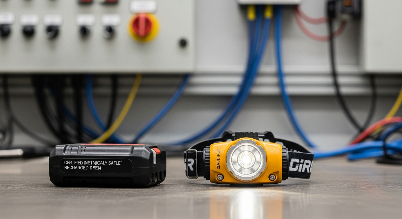An intrinsically safe rechargeable headlamp used in an industrial facility