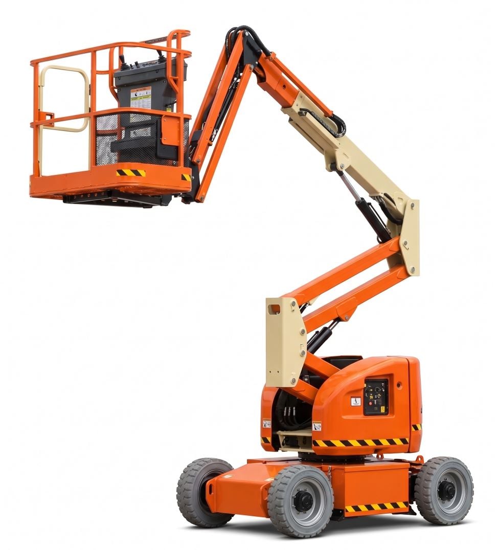 An orange and cream JLG electric articulating boom lift isolated against a solid white background, shown fully extended with a platform basket and four non-marking tires, free of text labels or logos.