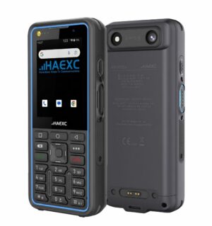 HAEXC FP103Ex intrinsically safe 4G feature phone with ATEX IECEx Zone 1/21 certification, showing front keypad and back panel views.