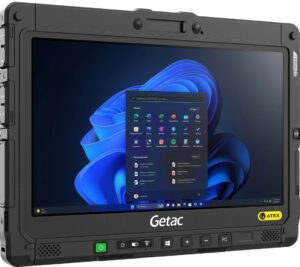 A front angled view of a black ruggedized Getac tablet, displaying the Windows 11 desktop and Start menu with various app icons, set against a solid white background. The tablet features a textured, bulky casing with specific hardware buttons for power, volume, and functions, a 'Getac' logo at the bottom, and a small yellow 'ATEX' logo in the bottom right corner. All details and icons from the input image are clearly visible and preserved